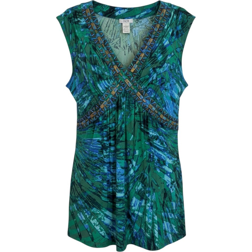 Vtg Cache Sleeveless Beaded V-Neck Tunic Top Large Green Blue Abstract